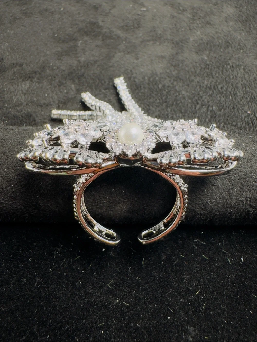 Silver-Tone Crystal & Pearl Fringe Ring - Sparkling White